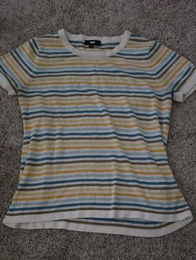 DKNY Short Sleeve Striped Knit Top in Blue, Yellow, White, Gray